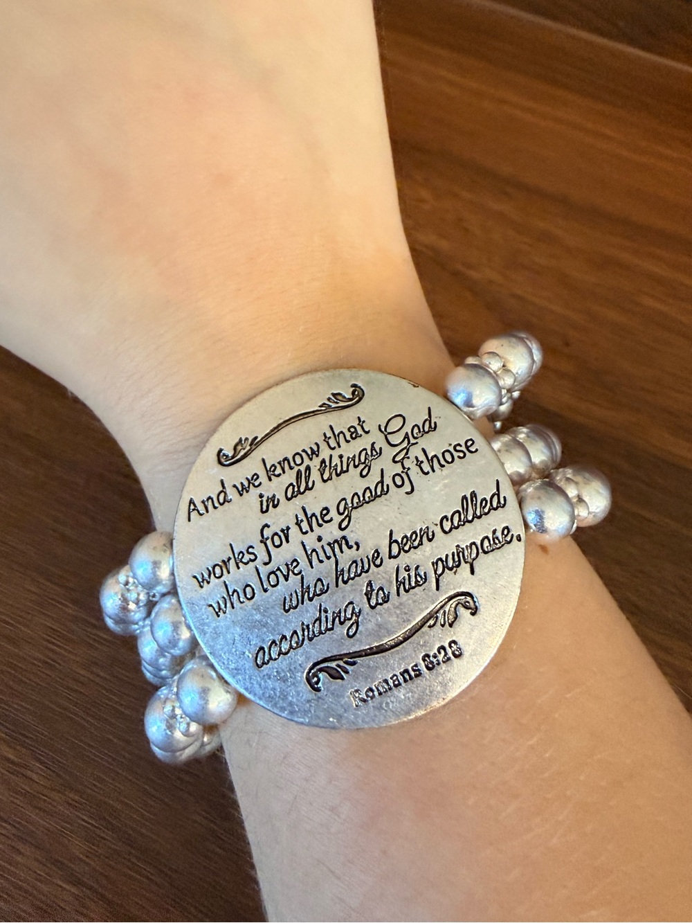 Inspirational Silver Beaded Scripture Bracelet - Romans 8:28